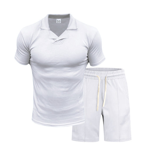 Herren nan kurzärmeliges Polo-Lounge-Set mit V-Einsatz am Kragen und Kordelzug-Bermuda R&B