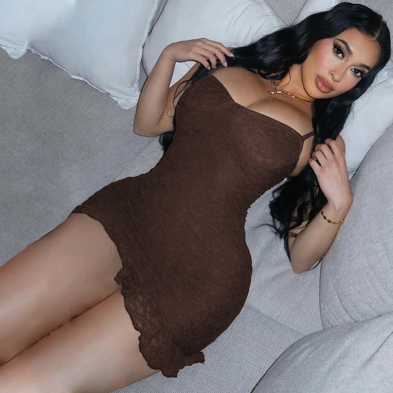 Damen figurbetontes Spitzenkleid mit verführerischem Bustier-Ausschnitt und dekorativem Saum R&B