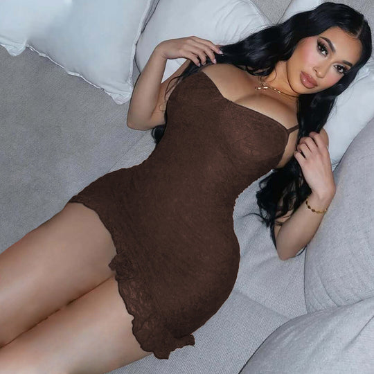 Damen figurbetontes Spitzenkleid mit verführerischem Bustier-Ausschnitt und dekorativem Saum R&B