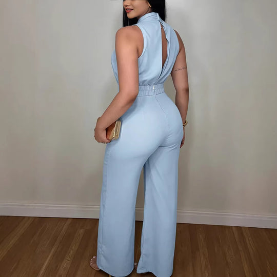 Damen eleganter Jumpsuit mit fließendem Schnitt und bindbarem Kragen R&B