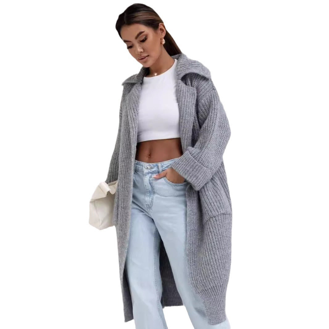 Damen Langstrickjacke mit großem Kragen und praktischen Taschen R&B