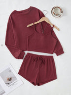 Damen Bequemes Zweiteiliges Waffel-Set mit Langarmoberteil und Shorts R&B