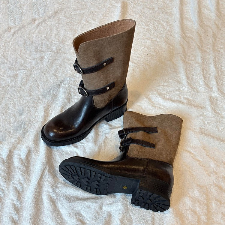 Damen Stiefel mit modischem Falten-Design und verstellbaren Schnallen