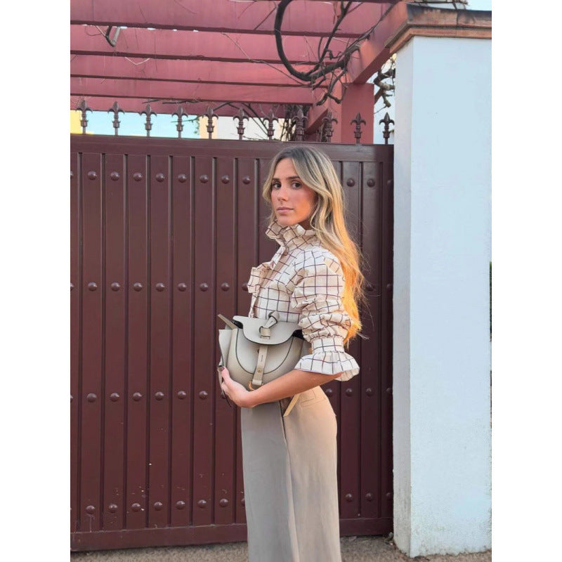 Damen Karobluse mit Rüschendetails und Knopfverschluss R&B