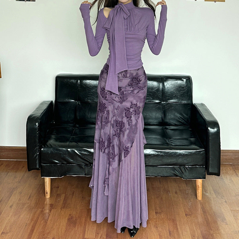 Damen eleganter asymmetrischer Maxirock mit floralen Verzierungen R&B