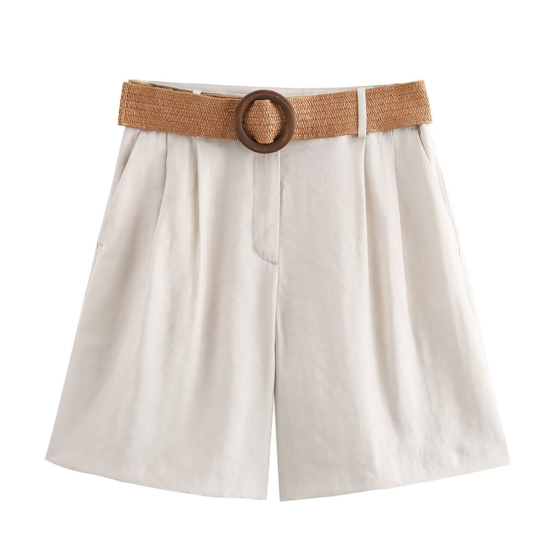 Damen elegante Shorts mit breitem, geflochtenem Gürtel R&B