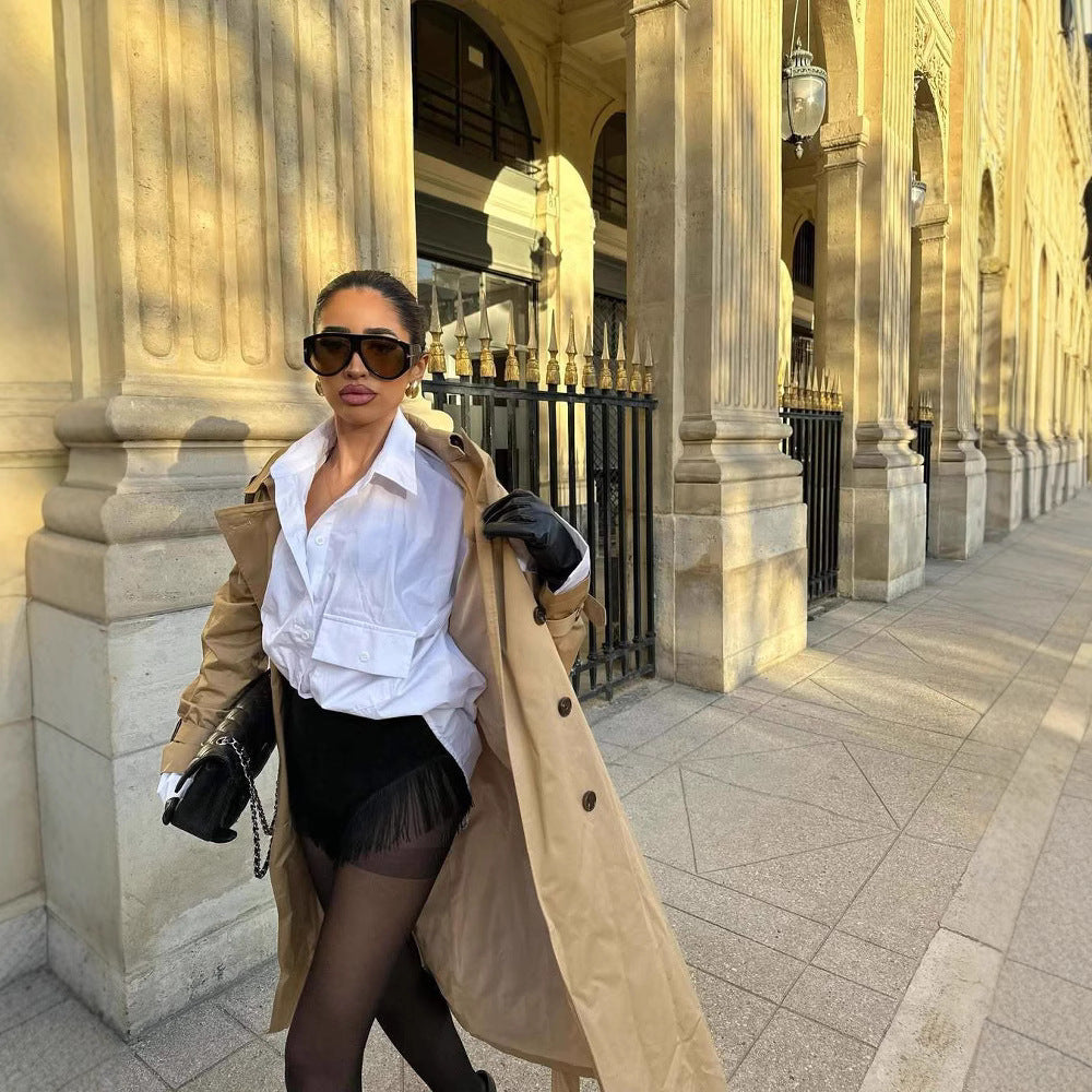 Damen stilvolle Trenchcoat mit praktischen Taschen und Gürtel R&B