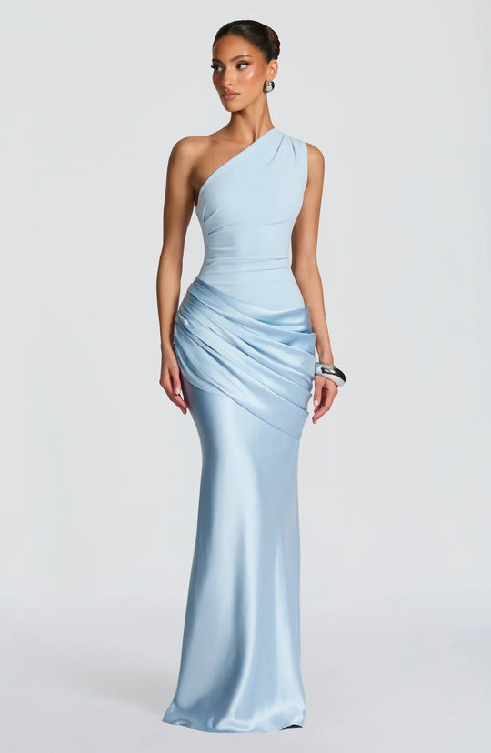 Damen elegantes asymmetrisches Satin-Abendkleid mit Drapé-Design R&B