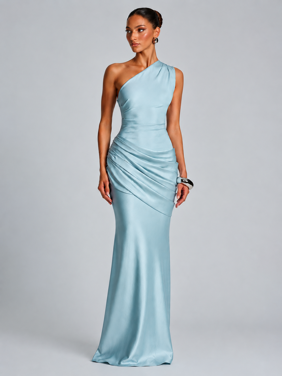 Damen elegantes asymmetrisches Satin-Abendkleid mit Drapé-Design R&B