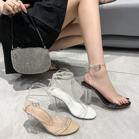 Damen transparente Sandalen mit Blockabsatz und elegantem Riemen R&B