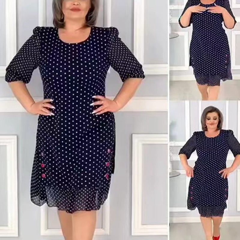 Damen nan Chiffon-Midikleid mit Pünktchenmuster, halblangen Puffärmeln, seitlicher Blumenstickerei und gerafftem Volantsaum R&B