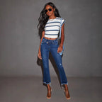 Damen Bootcut Jeans mit fransigem Saum und trendiger Waschung R&B