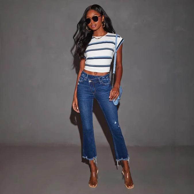Damen Bootcut Jeans mit fransigem Saum und trendiger Waschung R&B