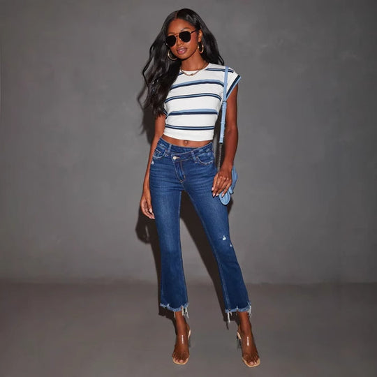 Damen Bootcut Jeans mit fransigem Saum und trendiger Waschung R&B