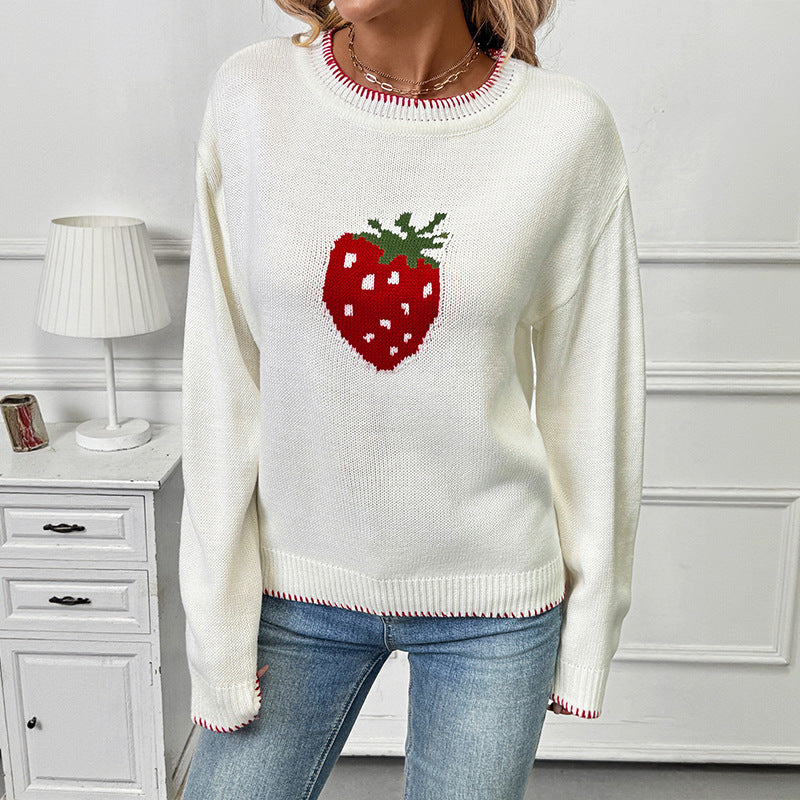 Damen Strickpullover mit fruchtigem Erdbeer-Motiv und lässigem Schnitt R&B
