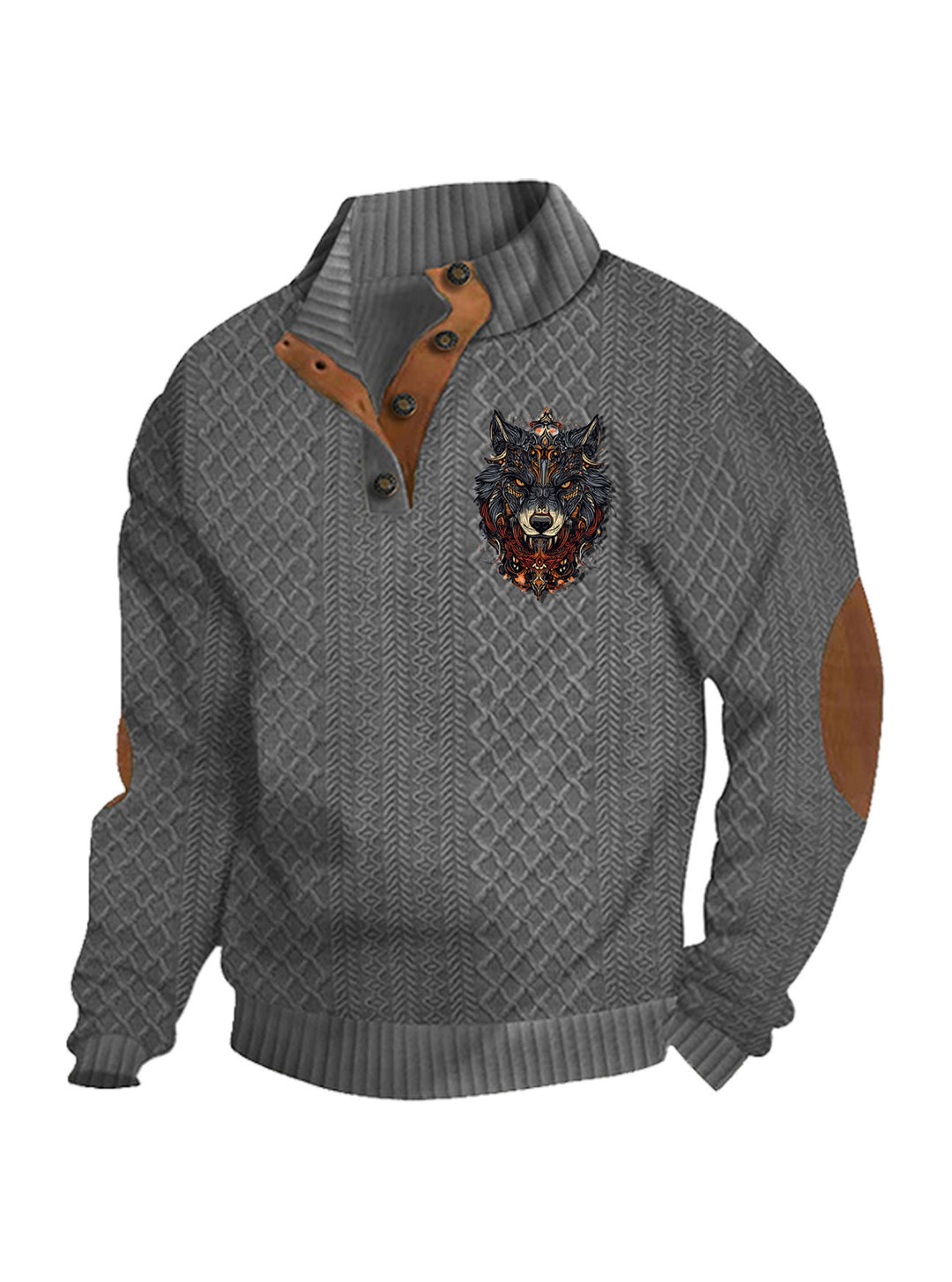 Herren nan Heritage-Strukturpullover mit Stehkragen Lederimitat-Besatz Ellenbogen-Patches und Halbknopfleiste R&B