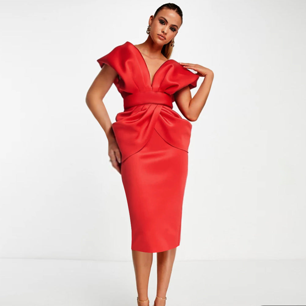 Damen Figurbetontes Wickelkleid mit tiefem V-Ausschnitt und organischem Schnitt R&B