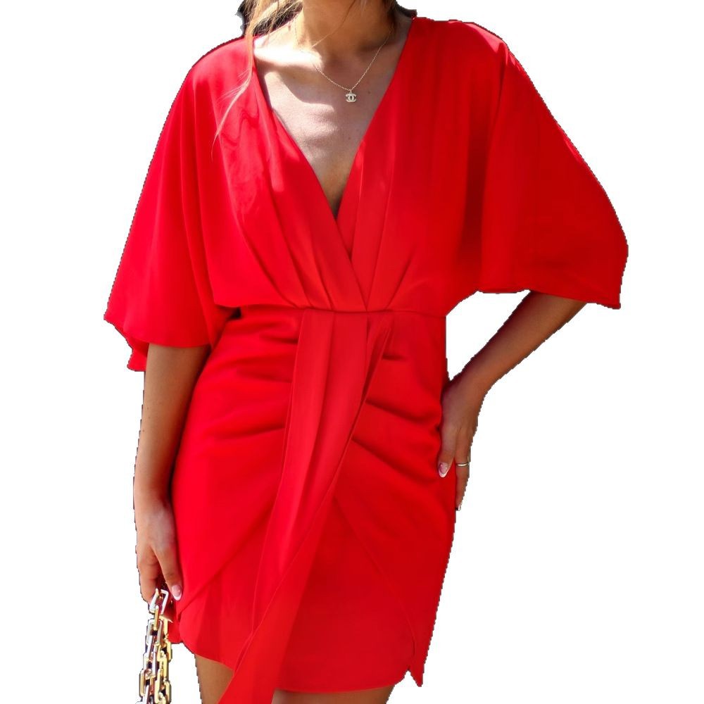 Damen Wickelkleid mit V-Ausschnitt und voluminösen Ärmeln R&B