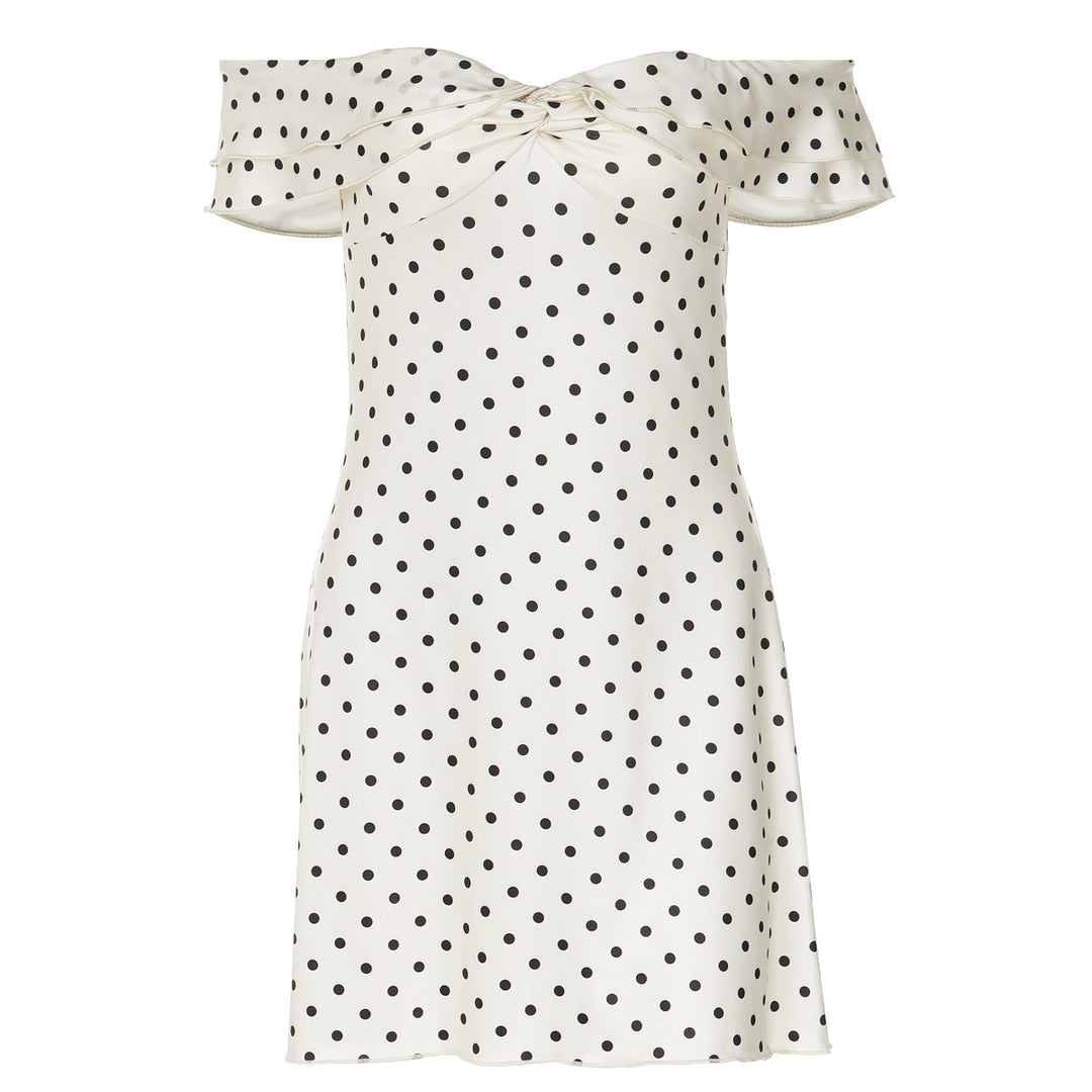 Damen Verspieltes Polka-Dot Cocktailkleid mit Schulterfreiem Design und Rüschendetails R&B