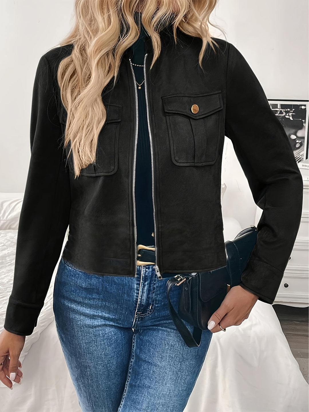 Damen modische Kurzjacke aus hochwertigem Kunstleder mit praktischen Taschen R&B