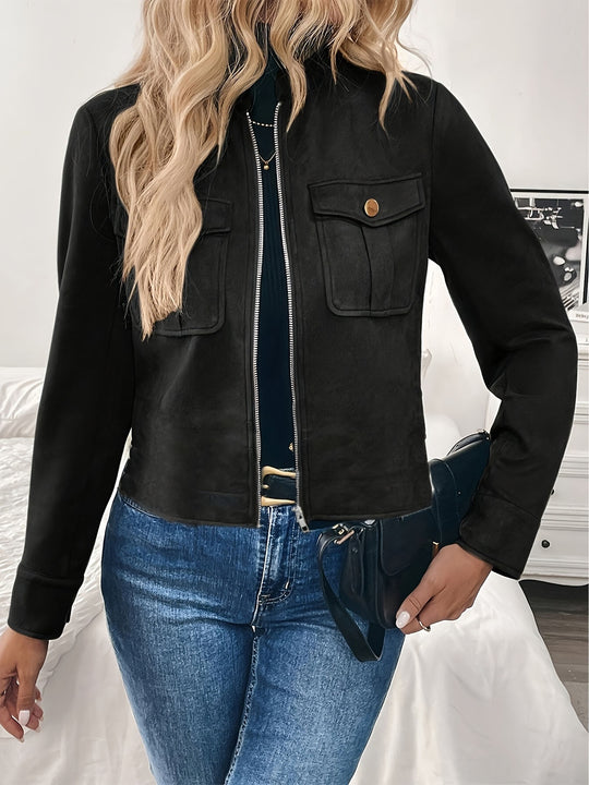 Damen modische Kurzjacke aus hochwertigem Kunstleder mit praktischen Taschen R&B