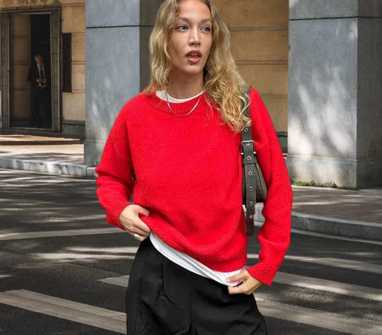 Damen Komfortabler Strickpullover mit weitem Schnitt und hochsteigendem Kragen R&B