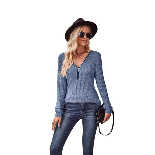 Damen Modischer Pullover mit teilbarem Reißverschluss und Rippstrick-Muster R&B