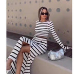 Damen modisches Zweiteiler-Set mit gestreiftem Crop-Top und langer Rock R&B