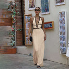 Damen Strick Maxikleid mit tiefem V-Ausschnitt und BindR&Bändern R&B