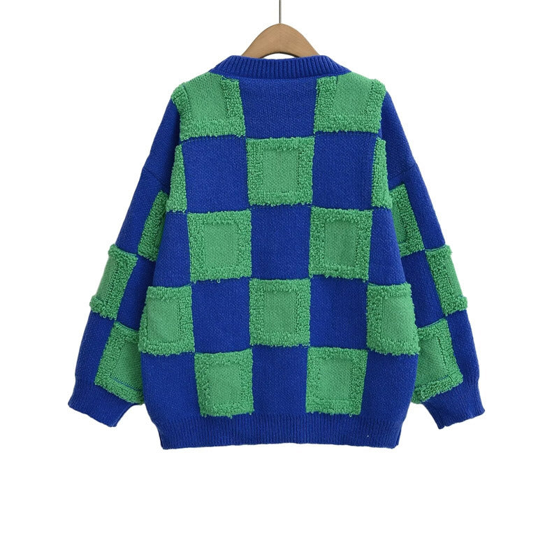 Damen modischer Strickpullover mit grafischem Blockmuster R&B