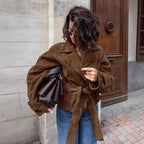 Damen Modische Suede-Blazerjacke mit tailliertem Design und Raffungen R&B