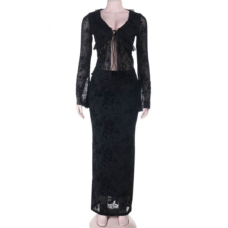Damen Langarm Spitzenkleid mit Rüschendetails