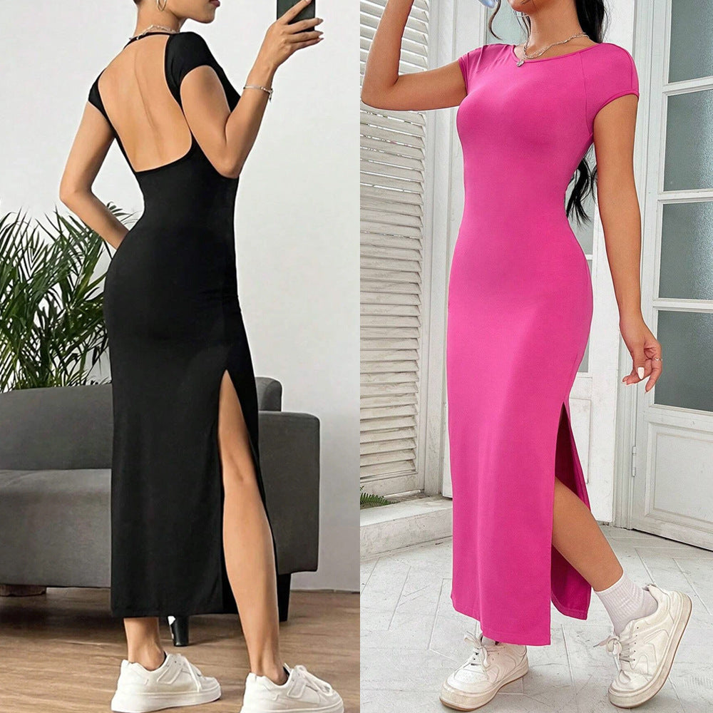 Damen figurbetontes Maxikleid mit seitlichem Schlitz und modernen Kurzärmeln R&B