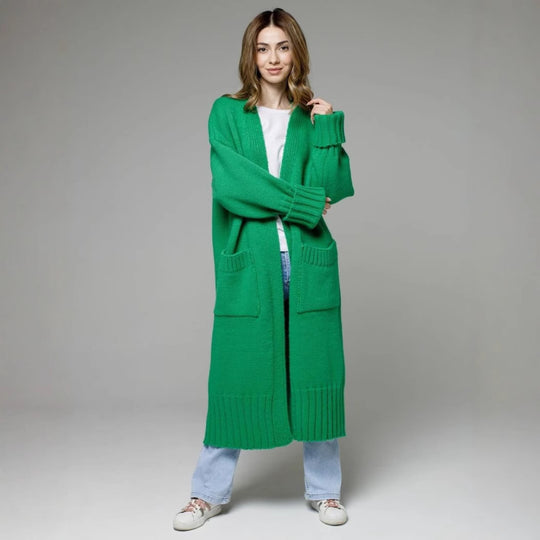 Damen bequemer langer Strickcardigan mit Taschen und breiten Ärmeln R&B