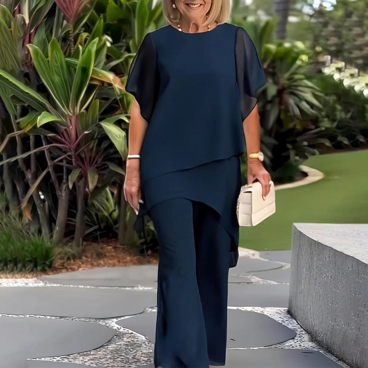 Damen elegantes Ensemble aus fließendem Oberteil und weitem Hose R&B