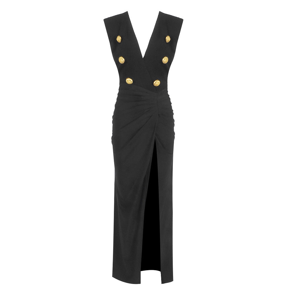 Damen Elegantes langes Kleid mit tiefem V-Ausschnitt und drapiertem Rock R&B