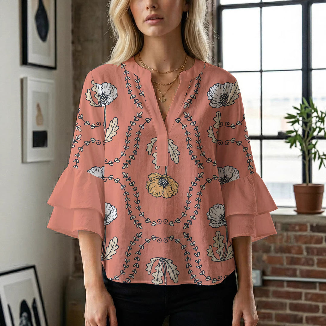 Damen Bluse mit voluminösen Rüschenärmeln und kreativem Floraldesign R&B