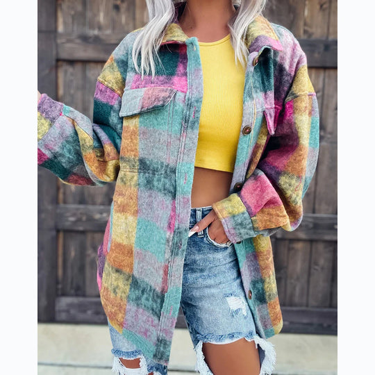 Damen Karo Oversize-Hemdjacke aus weichem Wollmaterial mit praktischen Taschen R&B
