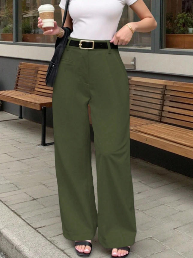 Damen Elegante und bequeme High-Waist Stoffhose mit breitem Bein R&B