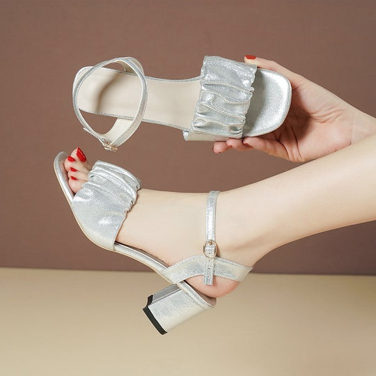 Damen elegante Sandalen mit schimmernden Rüschen und moderner Blockabsatz R&B