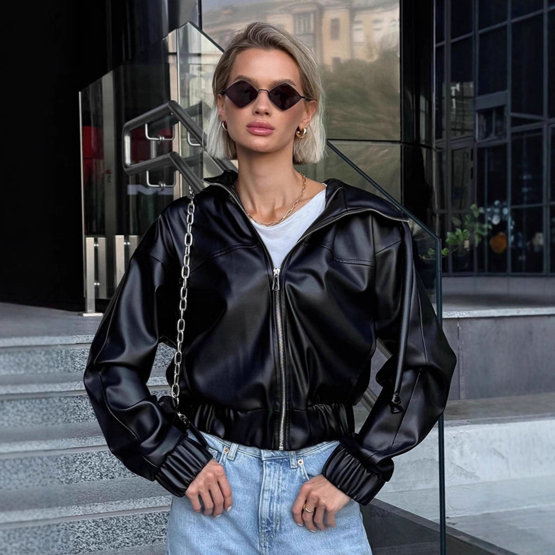 Damen cropped Kunstlederjacke mit kontrastierenden Details und elastischem Bund R&B