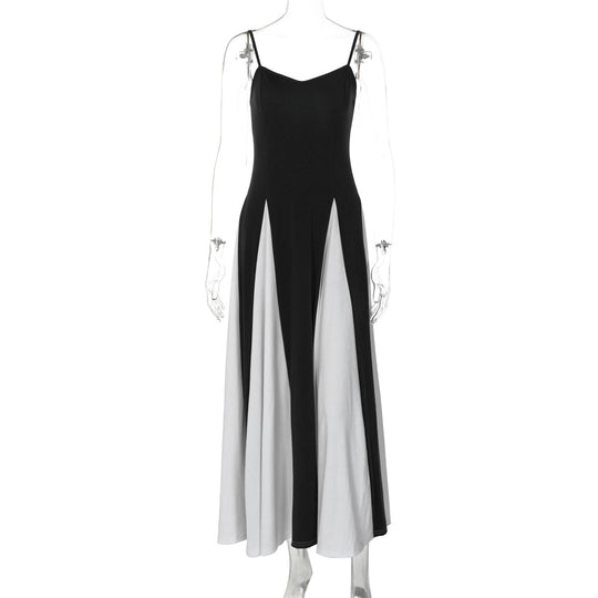 Damen Elegantes Maxikleid mit diagonalen Farbakzenten und schmalen Spaghettiträgern R&B