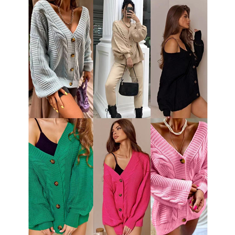 Damen Grobstrickjacke mit voluminösen Ärmeln und Knopfdetails R&B