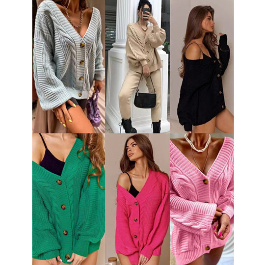 Damen Grobstrickjacke mit voluminösen Ärmeln und Knopfdetails R&B