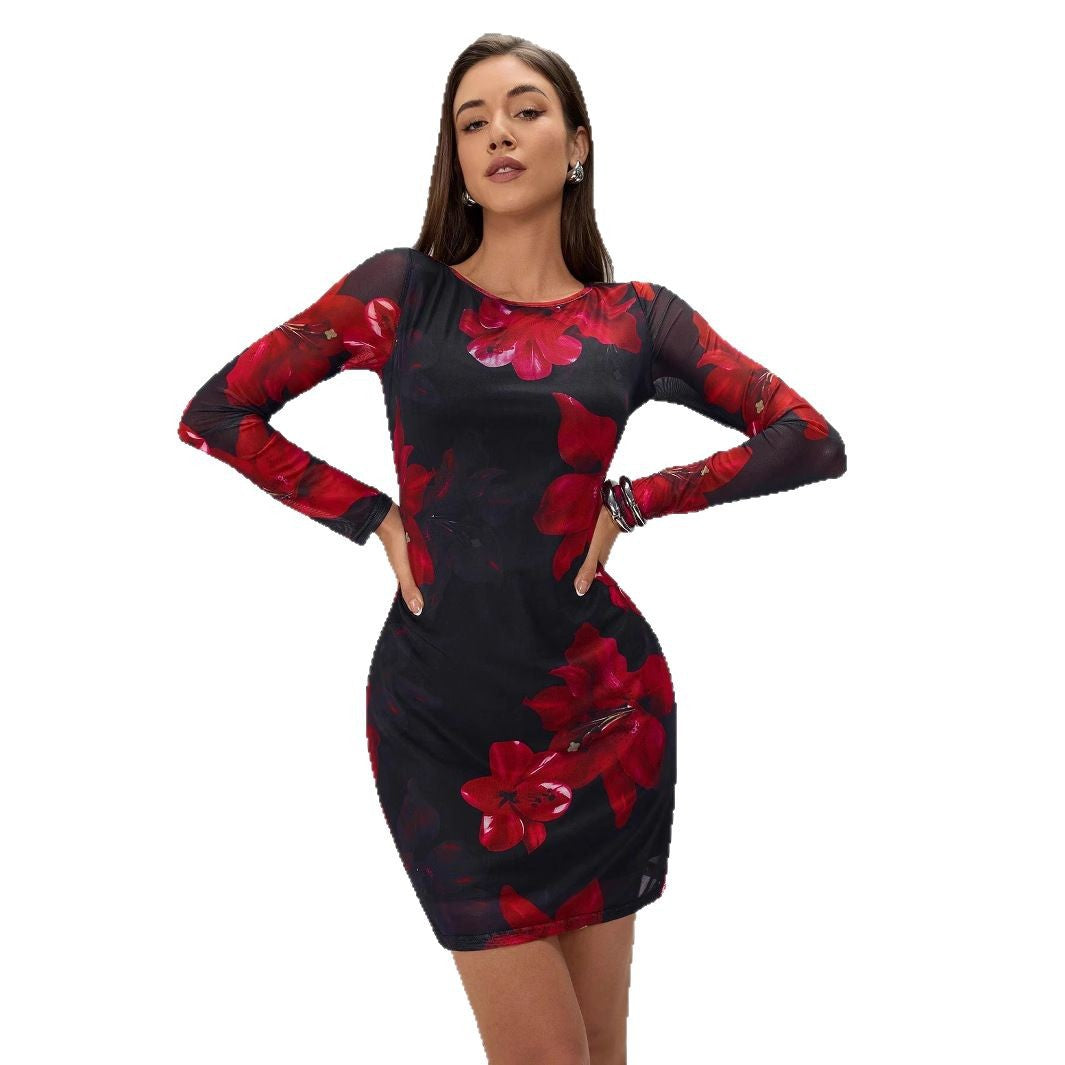 Damen Kleid mit langem Arm und floralem Design R&B