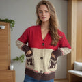 Damen Strickjacke mit dekorativen Taschen und modernem Farbblockdesign R&B