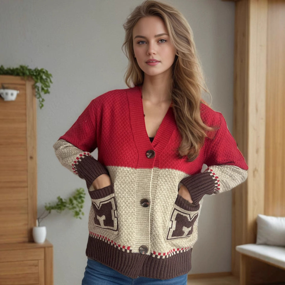 Damen Strickjacke mit dekorativen Taschen und modernem Farbblockdesign R&B