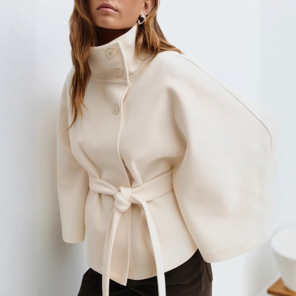 Damen nan kastenförmiger Wollcape Mantel mit Stehkragen und Bindegürtel R&B