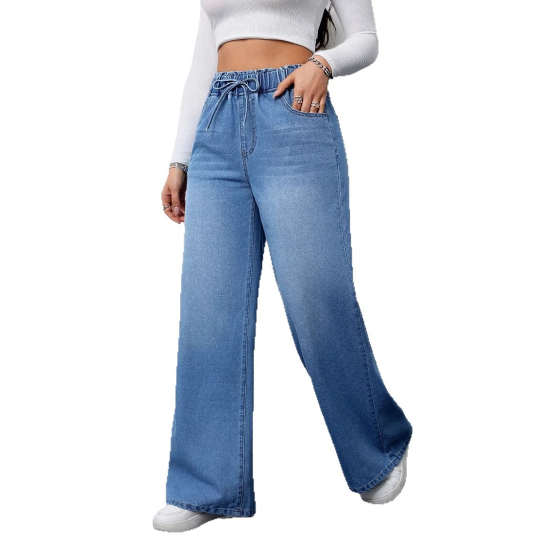 Damen Hochtaillierte Weite Jeans mit bequemem Kordelzug R&B
