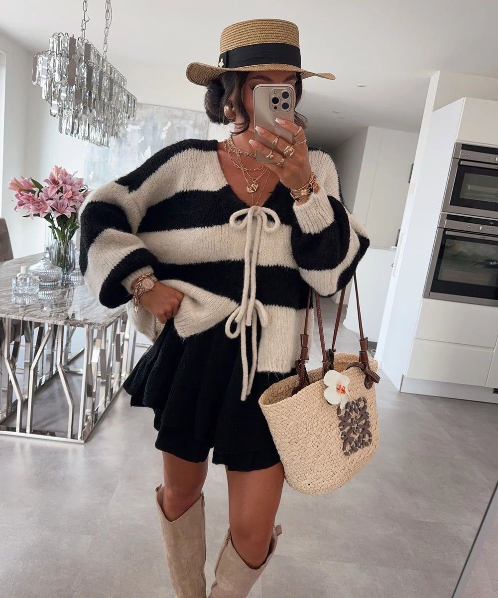 Damen lockere Strickjacke mit breiten Streifen und Bindegürtel R&B